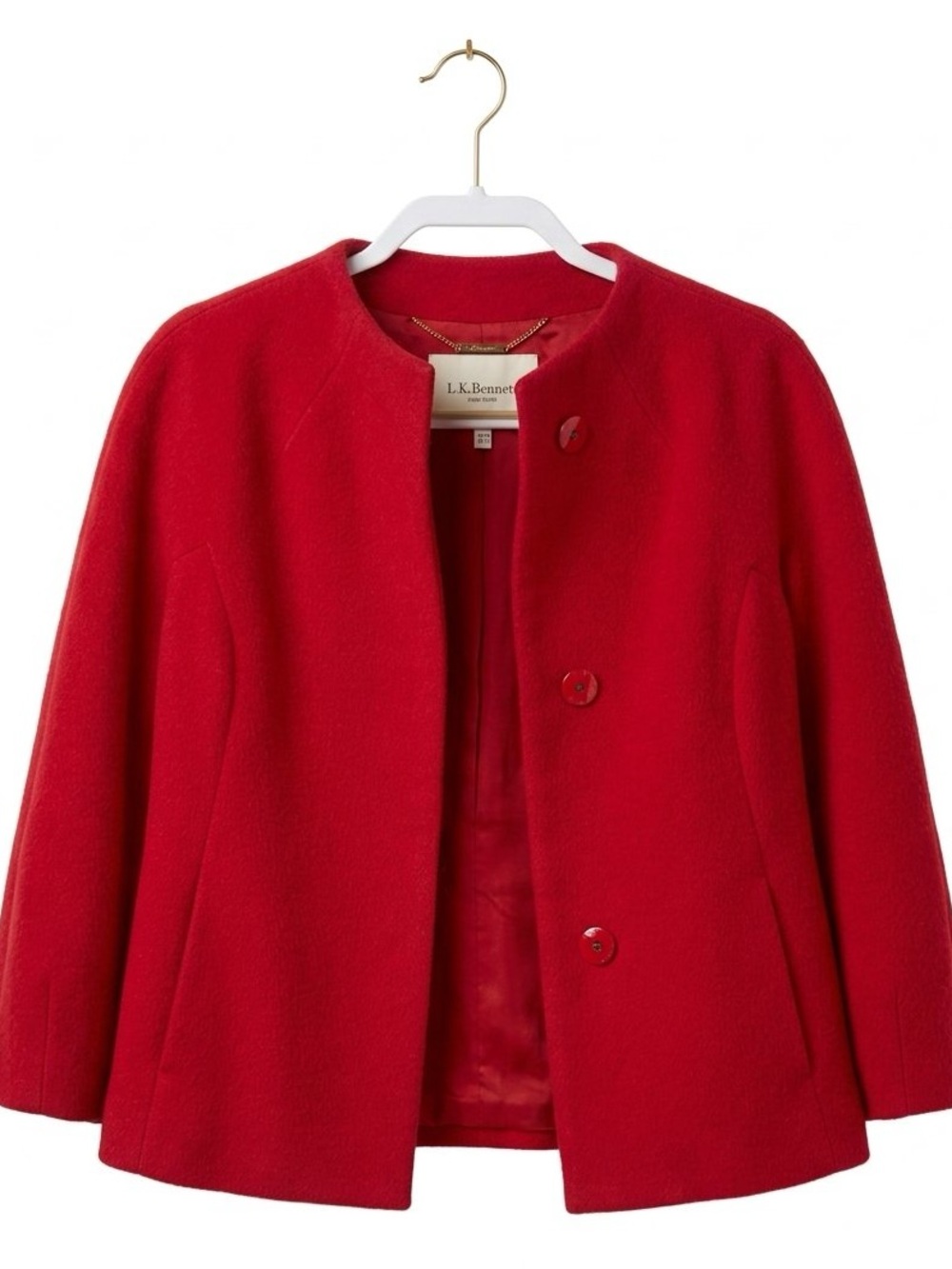 LK Bennett Red Collarless Wool Pea Coat